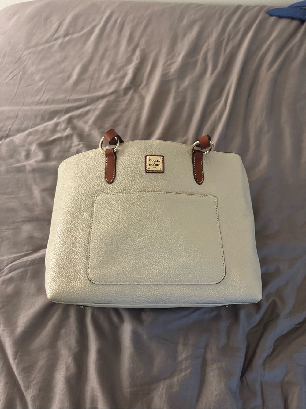Dooney & Bourke Cream Leather Tote with Brown Trim and Gold Accent